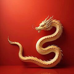 Obraz premium Graceful golden dragon coiled in a minimalist red environment, oil painting aesthetic, spacious negative space for copy, harmonious proportions, smooth painterly strokes