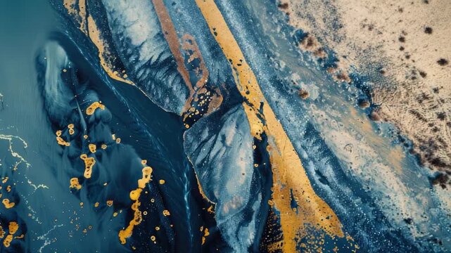 Aerial view of river with swirling blue and gold patterns resembling abstract art