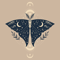 Vector illustration with beautiful butterfly. Abstract mystic sign. For you design, tattoo or magic craft.