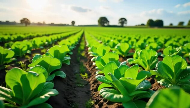 A farm field showing rows of collard greens plants under bright sunlight and clear skies 