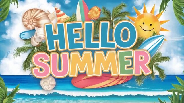 Animation of Vibrant Tropical Beach Vibes Hello Summer Typography Background