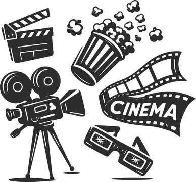 Cinema Movie Elements Illustration with Camera, Popcorn, and Film Reel.