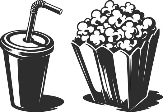 Popcorn and Soda Cup Cinema Snack Monochrome Illustration.