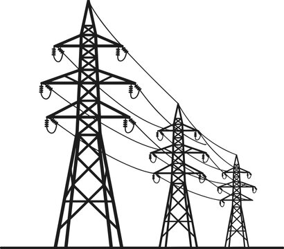 Silhouette of three electricity pylons with power lines on white background Keywords: electricity, pylon, power line
