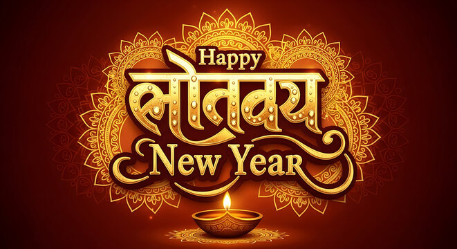 Happy Nepali New Year Greeting with Traditional Diya Lamp.