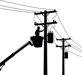 Silhouette of worker in bucket truck servicing electrical transformer on power pole lineman power line © MST Hasina