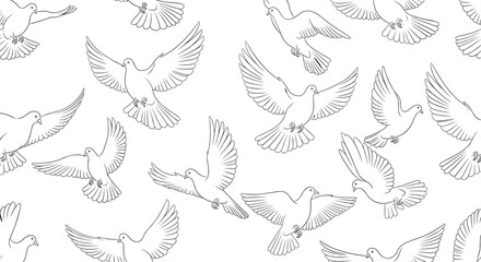 Fototapeta premium A beautiful and delicate seamless pattern featuring numerous flying white doves in simple outline style, conveying a sense of peace and freedom.