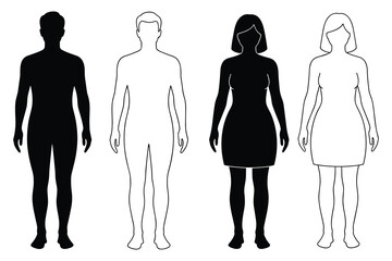 Silhouettes and outlines of male and female figures on a white background Keywords: male, female, man, woman, silhouette