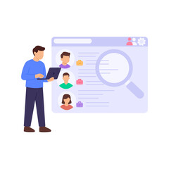 Sourcing Candidates, identifying potential talent for vacancies, Flat vector character illustration