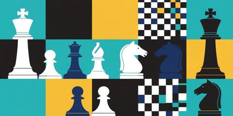 Abstract Chess Strategy Background with King, Queen, Knight, and Pawn Pieces Representing Business Planning, Leadership, Competition, and Strategic Decision Making Concept © Selim Studio
