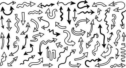 Fototapeta premium Collection of diverse directional and abstract arrow variations in monochromatic style isolated on transparent background, Vector