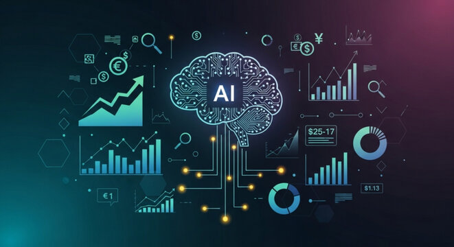 A futuristic vector graphic illustrating artificial intelligence with various charts and graphs surrounding a brain icon