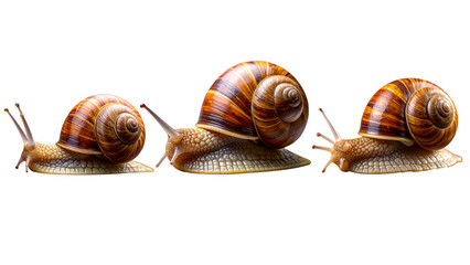 Large brown garden snail with highly detailed spiral shell and glossy slimy foot, iso