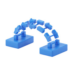 Blue 3D Digital Bridge Connecting Two Platforms with Floating Data Blocks and Arrows for Technology and Networking Concept