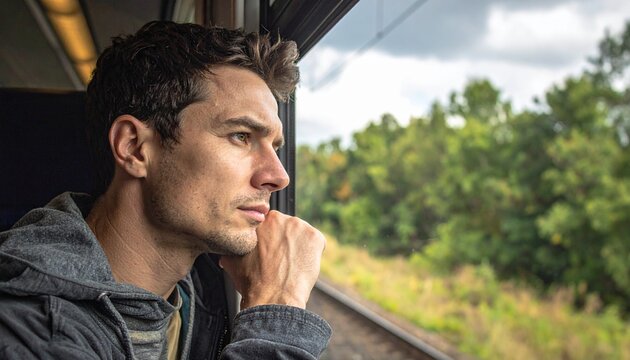 Man looking out of a train window. Semi-realistic scene emphasizing travel, reflection, and quiet motion with soft natural light and contemplative mood.
