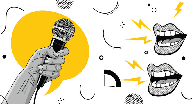 A creative illustration of public speaking and vocal expression with dynamic visuals isolated on transparent background, Vector
