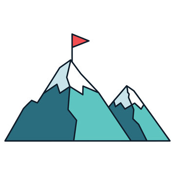 Colorful mountain range with snow capped peaks and red flag on top icon