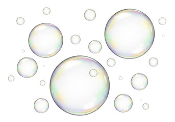 Iridescent bubbles floating in air transparent isolated on a transparent background