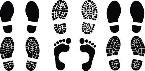 Footprint and Shoe Sole Silhouette Set with Human Foot Steps and Boot Tread Patterns for Walking, Tracking, Footwear, and Outdoor Design © Selim Studio