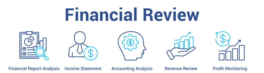 Fototapeta premium Financial Review web banner icon set vector illustration concept for business with icon of Financial Report Analysis, Income Statement, Accounting Analysis, Revenue Revi.