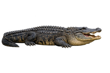 Obraz premium American alligator with mouth open showing teeth, powerful reptile predator resting, ready to bite isolated on transparent background
