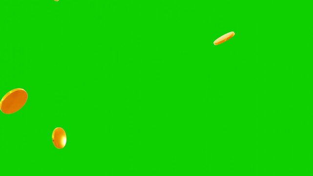 Gold coins exploding, 3d Gold coins explosion on green screen background. Coin rain with alpha channel. Gold Coin Spinning in the Air Overlay Animation. Business and currency Concept Falling 4K.
