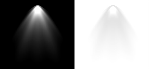Abstract representation of a bright white spotlight beam casting light rays downwards against a...