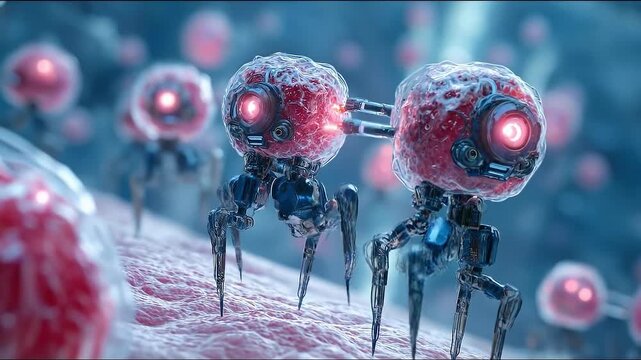 Futuristic nanotechnology medical robot cybernetic biotech surgery science technology research nanobot microbot cyberpunk science fiction concept art glowing red eye alien creature skin surface
