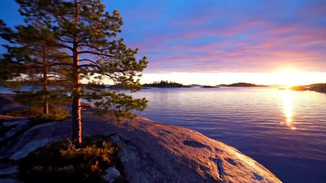 Tranquil sunrise over the sea with rugged rock formations and small trees, capturing the beautiful natural scenery.