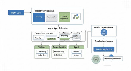 A vector graphic illustrating the machine learning process with various stages and components