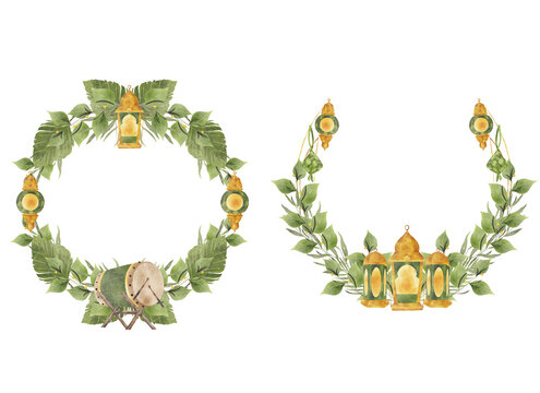 Ramadan Watercolor Wreath with Lantern and Bedug Transparent PNG