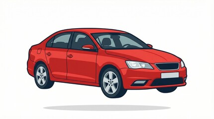 Naklejka premium Red sedan car, clean vector illustration, bright daylight, flat design, automotive advertising.