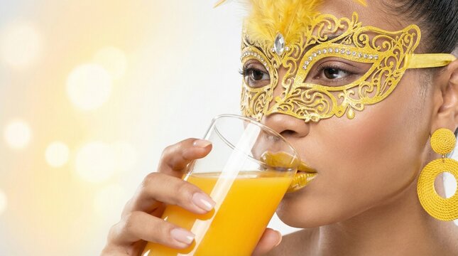 Yellow Carnival Eye Mask Portrait of Woman, Fashion Editorial, Elegant Festival Look