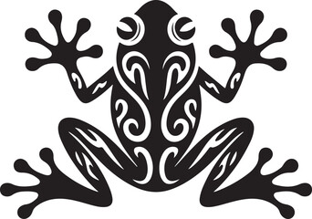 Tribal frog silhouette with swirling patterns ornate frog design black on white background vector art