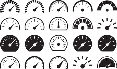 Set of black speedometers isolated on transparent background. collection of simple measuring gauges