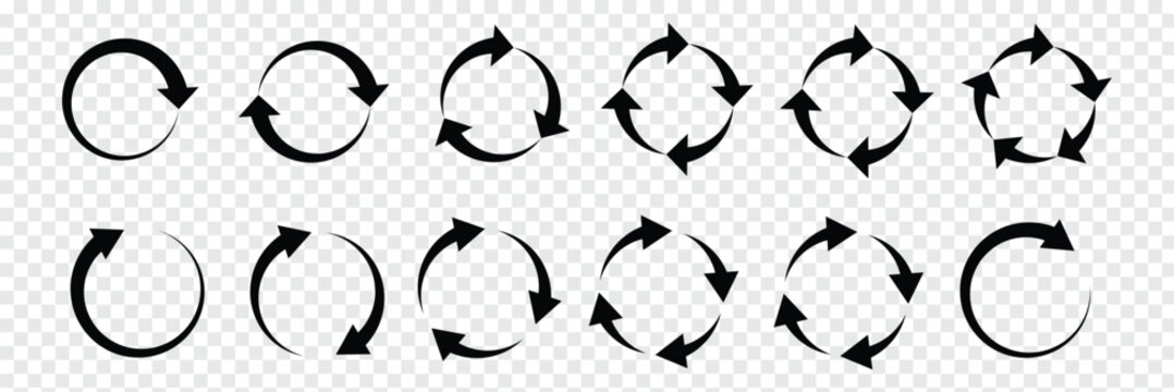 Set of circle arrows rotating on white background. Refresh, reload, recycle, loop rotation sign collection. Black circle arrows for infographics, web design. Vector illustration, flat style, clip art