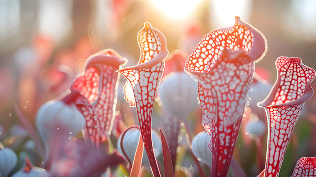 Vibrant red pitcher plants in sunlight