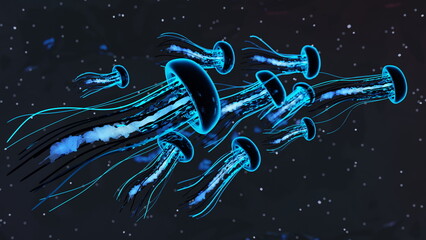 group of jellyfish move through dark water at night. Their bodies glow bright blue while their long tentacles flow  behind them. They drift seamlessly in the ocean current. 3d render © angel_nt