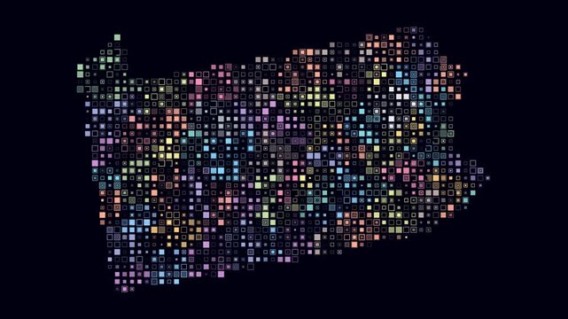 Pennsylvania animated shape. Pulsating colored dots on the map of the state. Small size square blocks. Digital style Pennsylvania map on dark background. Awesome animation video.