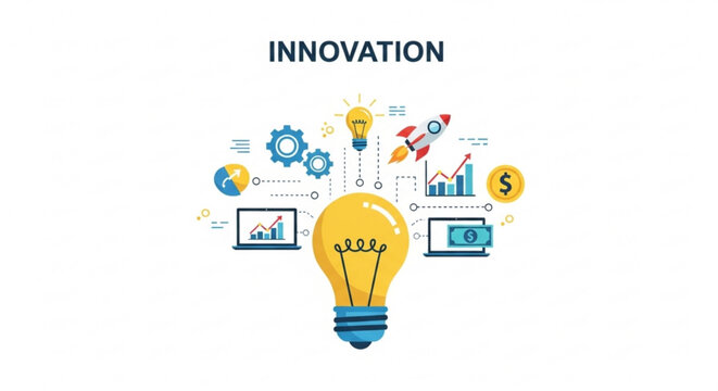 A vector graphic illustration of a lightbulb with innovative ideas and symbols surrounding it
