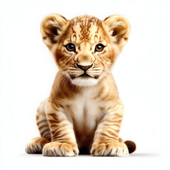 Fototapeta premium Cute lion cub sitting and looking at camera isolated on white background