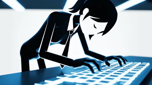 2D Animated Stick Figure Woman Typing on Glowing Keyboard in Modern Office with Blue Tones and Minimalist Design