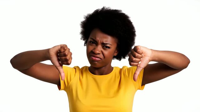 Disappointed African American Woman Showing Thumbs Down Gesture Expressing Disapproval and Dislike. Generative AI