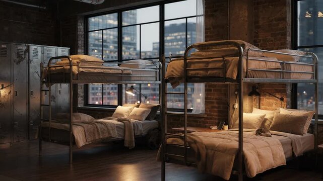 Medium shot of mixed gender urban loftstyle hostel dorm featuring bunk beds with cozy linens and industrial lockers against a blurred city skyline through large windows.