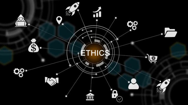 Digital concept of ethics with icons. Business, Technology, Internet and network concept. Business icons on digital GLOWING 4K video animation
