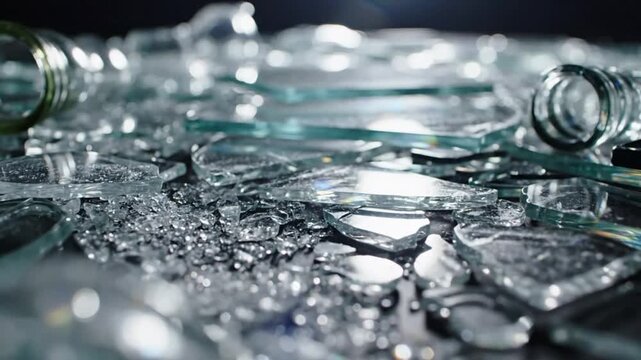 Close-up of scattered broken glass pieces reflecting light on a dark surface emphasizing fragility and destruction