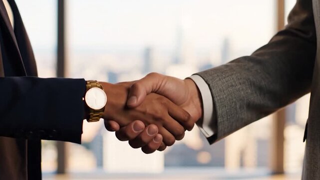 Two business professionals shake hands, finalizing a deal in a modern office