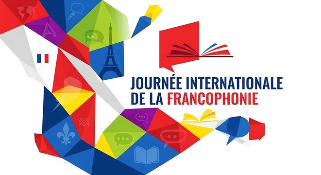 Journ&eacute;e Internationale de la Francophonie banner with abstract colorful shapes, book, Eiffel Tower, and French flag, celebrating French language and global community.