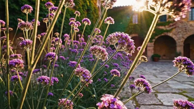 Beautiful purple flowers with long stems in front of a stone building with arches, bathed in golden sunlight.