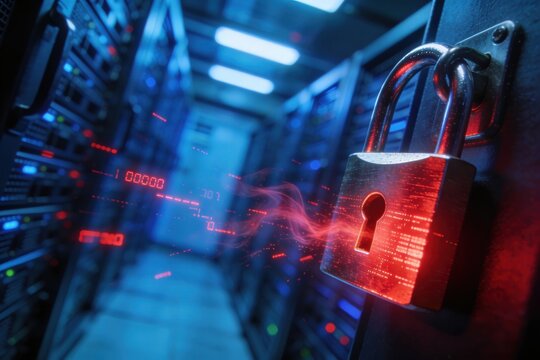 Digital padlock securing server rack data in a dark data center aisle with glowing binary code visualization for network security concept.
